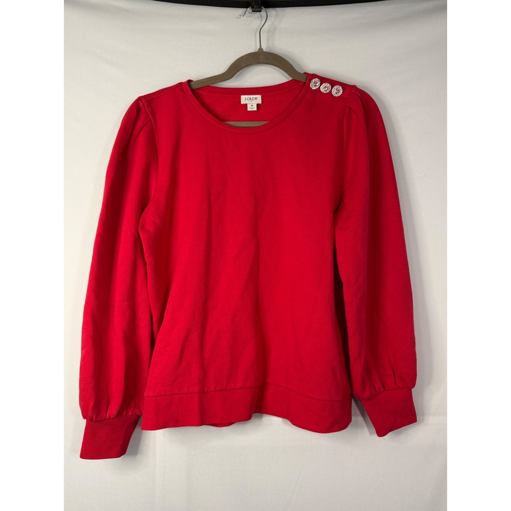 J. Crew Sweatshirt Womens Medium Red Puff Sleeve Rhinestone Button‎ Shoulder Top